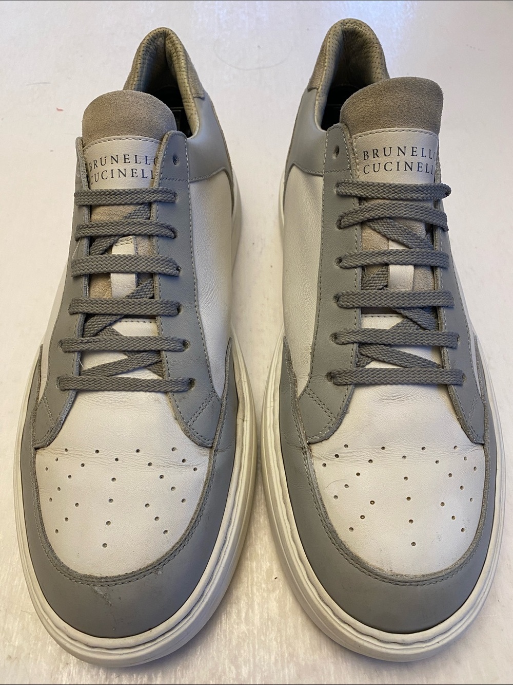 Brunello Cucinelli Grey and White Leather Low-Top Sneakers